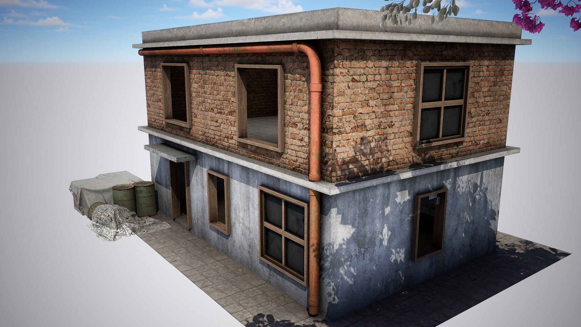 Casa de tijolos abandonada de dois andares 3D model screenshot 1