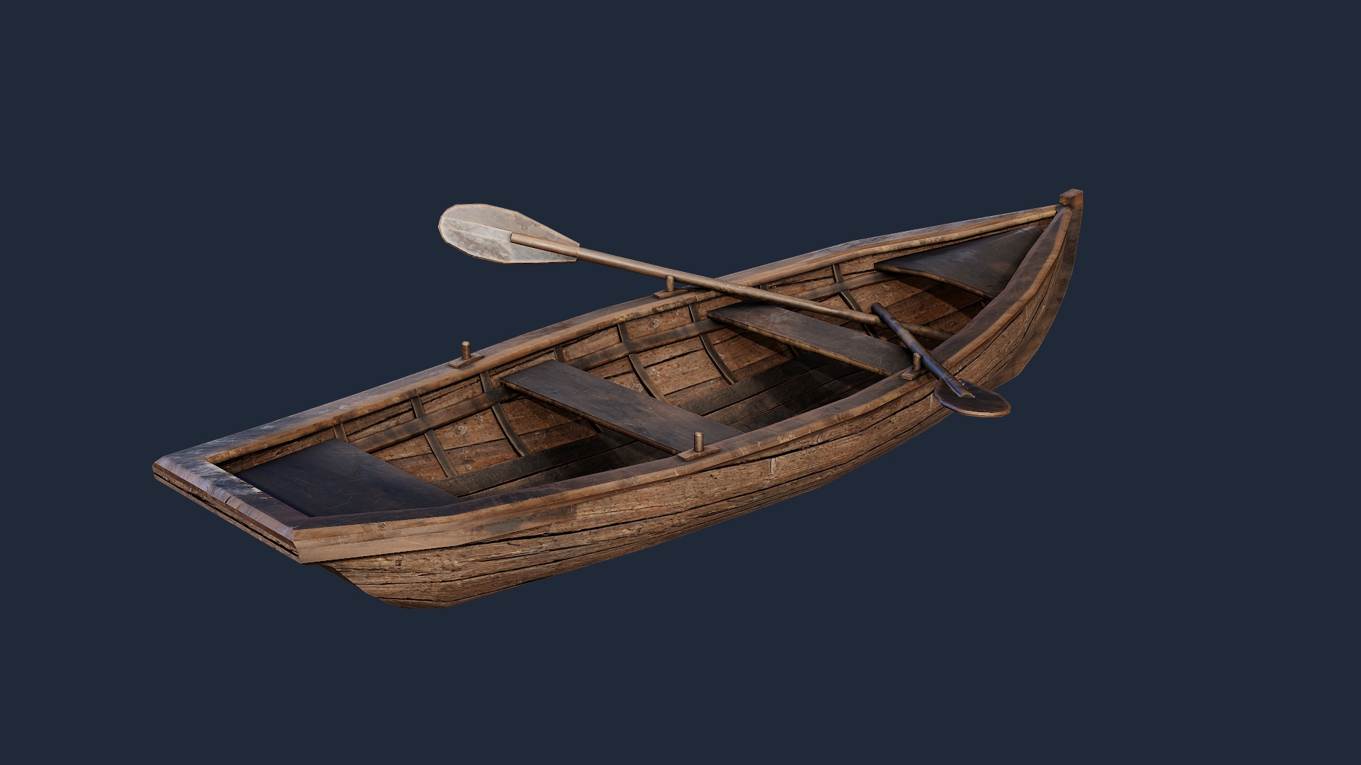 Barco a remo rústico de madeira 3D model screenshot 1