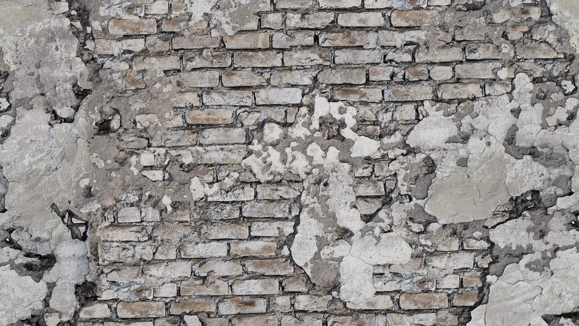 Открытая кирпичная стена с облупившейся штукатуркой PBR texture screenshot 1